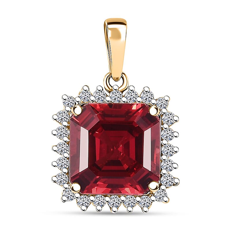 Certified & Appraised Luxuriant AAA Asscher Cut Lab Grown Padparadscha Sapphire, E-F VS Lab Grown Diamond 6.50 ctw Pendant Necklace (18 Inches) in 10K Yellow Gold