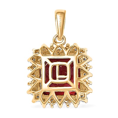 Certified & Appraised Luxuriant AAA Asscher Cut Lab Grown Padparadscha Sapphire, E-F VS Lab Grown Diamond 6.50 ctw Pendant Necklace (18 Inches) in 10K Yellow Gold