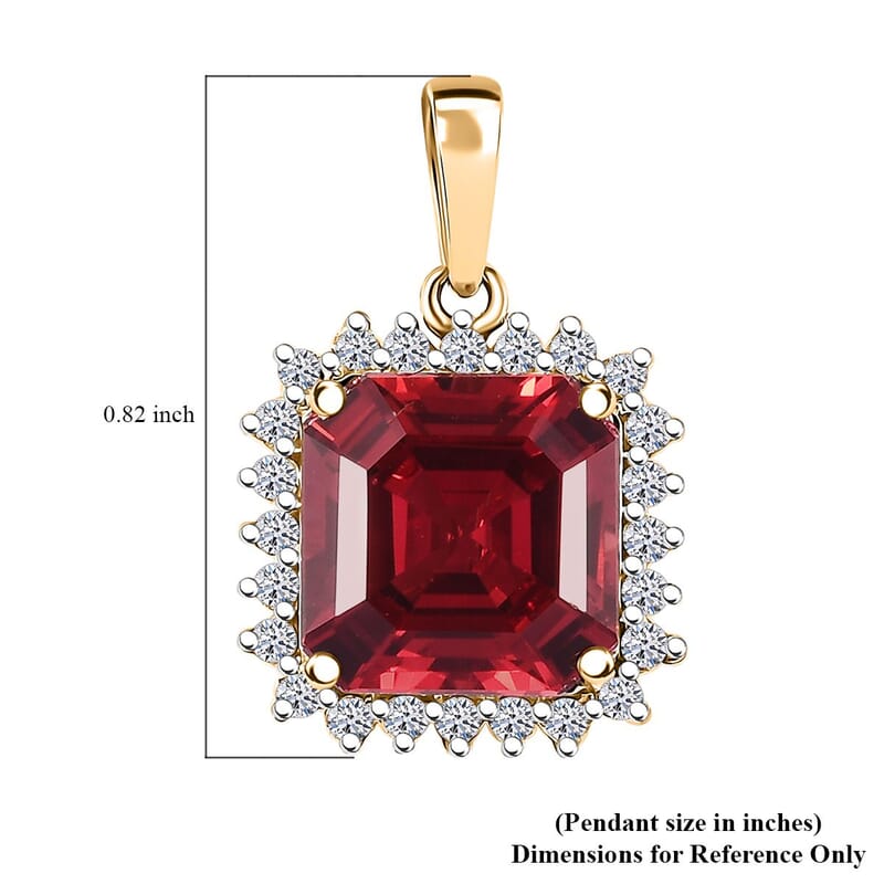 Certified & Appraised Luxuriant AAA Asscher Cut Lab Grown Padparadscha Sapphire, E-F VS Lab Grown Diamond 6.50 ctw Pendant Necklace (18 Inches) in 10K Yellow Gold