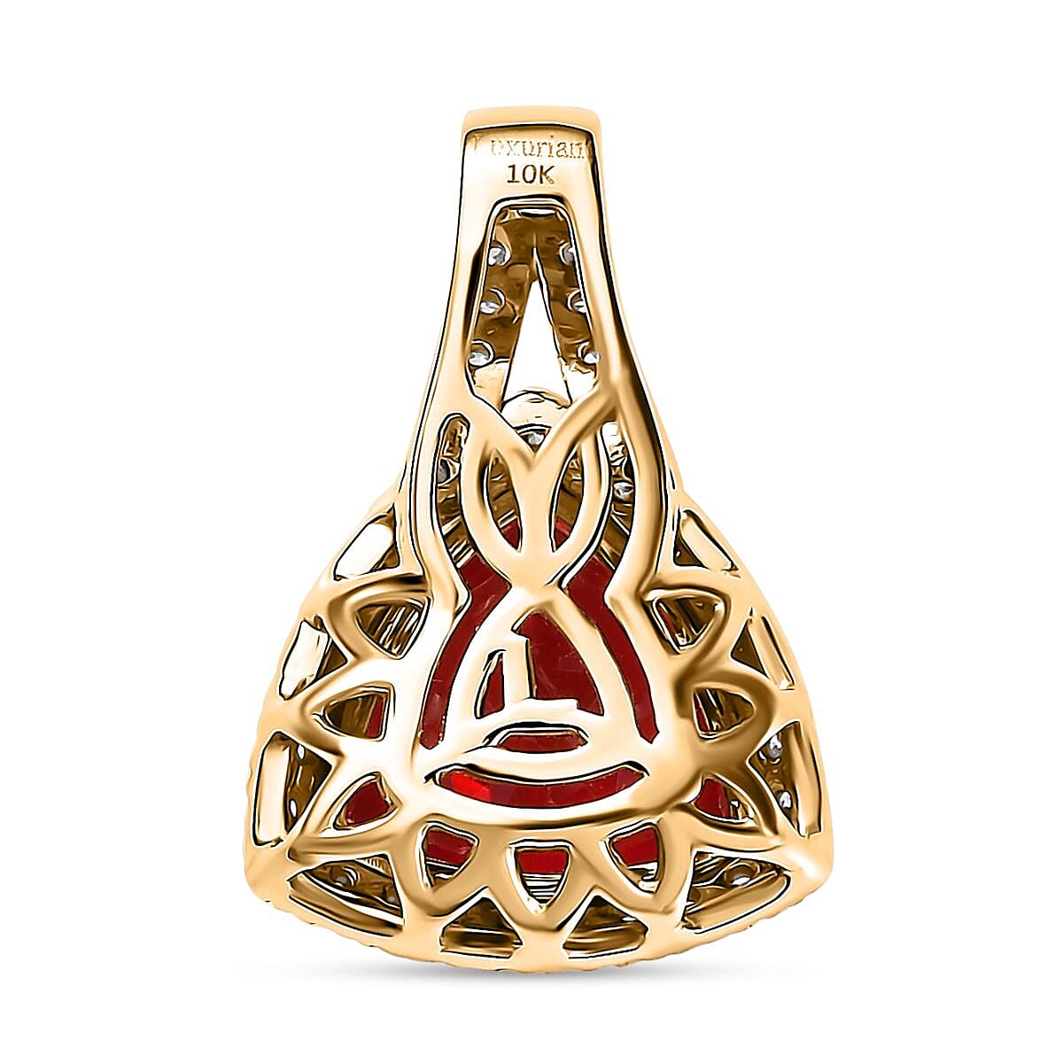 Certified & Appraised Luxuriant AAA Lab Grown Padparadscha Sapphire and E-F VS Lab Grown Diamond 5.09 ctw Pendant Necklace (18 Inches) in 10K Yellow Gold