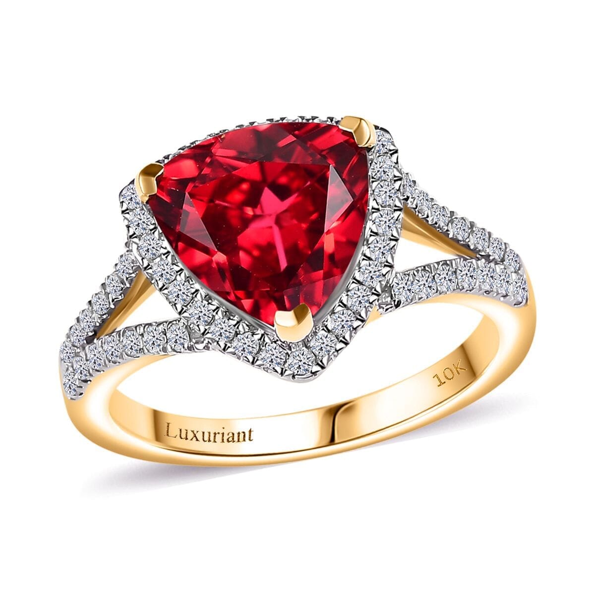 Certified & Appraised Luxuriant AAA Lab Grown Padparadscha Sapphire and E-F VS Lab Grown Diamond 5.28 ctw Ring in 10K Yellow Gold (Size 10.0) image number 0