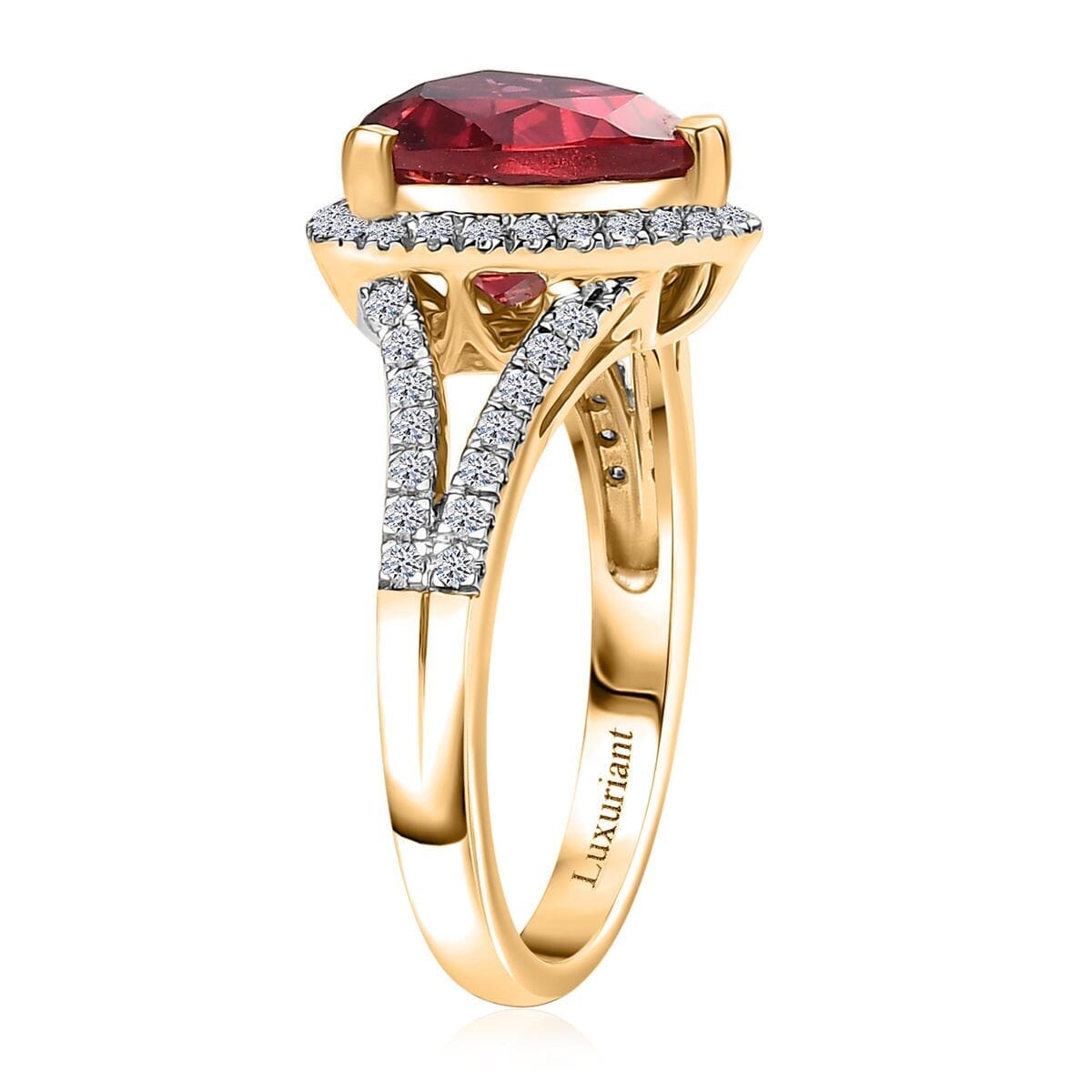 Certified & Appraised Luxuriant AAA Lab Grown Padparadscha Sapphire and E-F VS Lab Grown Diamond 5.28 ctw Ring in 10K Yellow Gold (Size 10.0) image number 3