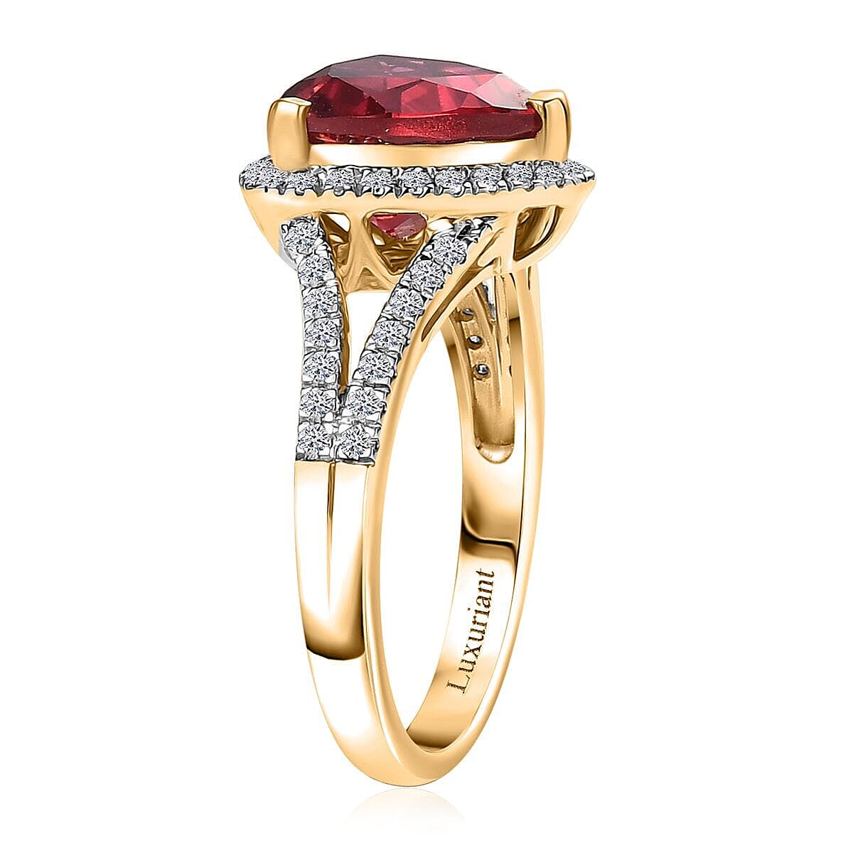 Certified & Appraised Luxuriant AAA Lab Grown Padparadscha Sapphire and E-F VS Lab Grown Diamond 5.28 ctw Ring in 10K Yellow Gold (Size 11.0) image number 3