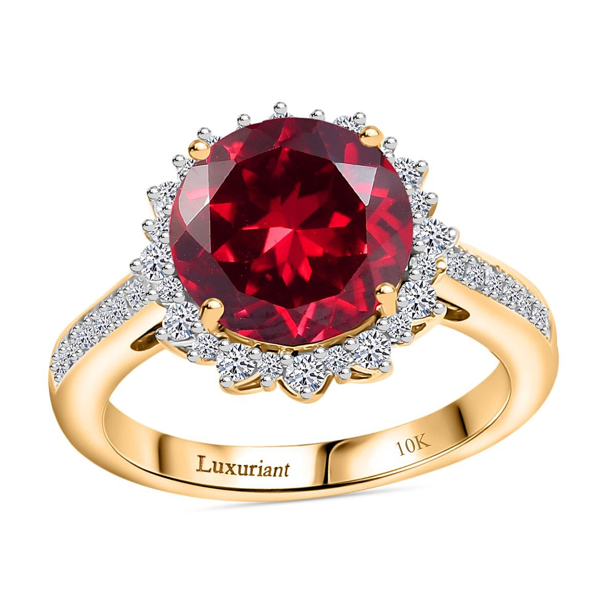 Certified & Appraised Luxuriant AAA Lab Grown Padparadscha Sapphire and E-F VS Lab Grown Diamond 5.50 ctw Ring in 10K Yellow Gold (Size 8.0) image number 0