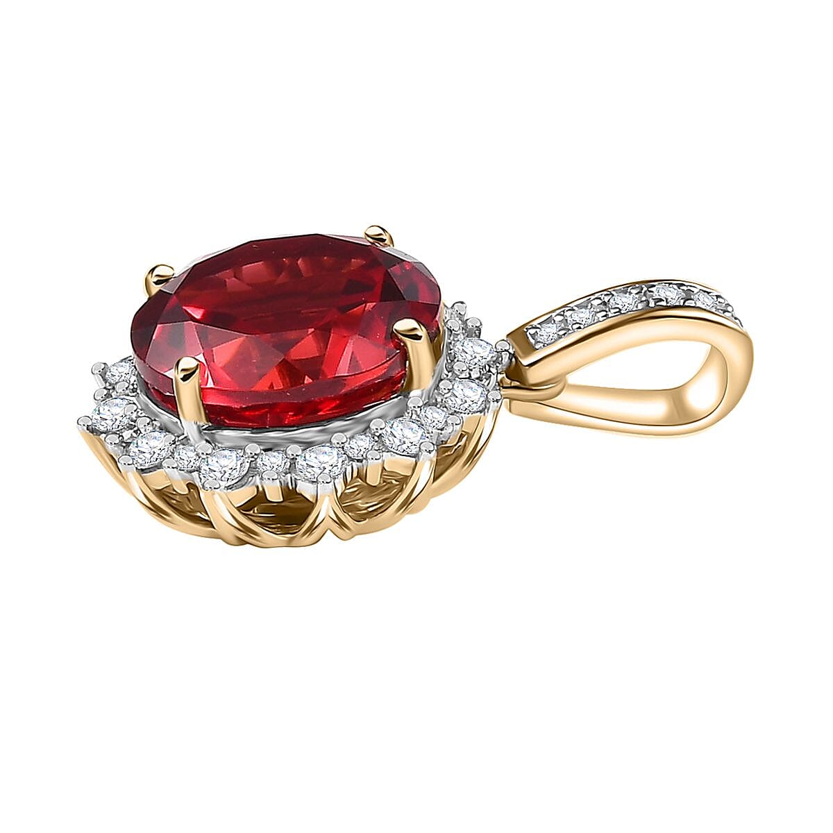 Certified & Appraised Luxuriant AAA Lab Grown Padparadscha Sapphire and E-F VS Lab Grown Diamond 5.50 ctw Pendant Necklace (18 Inches) in 10K Yellow Gold image number 3