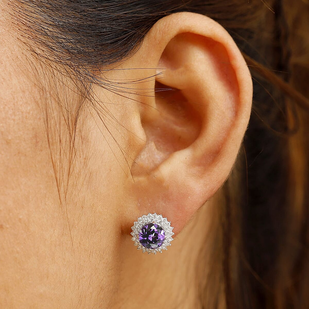 Certified & Appraised Luxuriant 10K White Gold AAA Lab Grown Purple Sapphire and E-F VS Lab Grown Diamond 4.54 ctw Earrings  image number 2