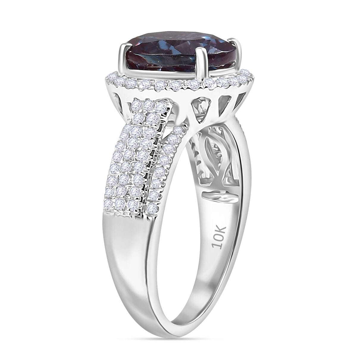 Certified & Appraised Luxuriant AAA Lab Grown Alexandrite and E-F VS Lab Grown Diamond 5.63 ctw Ring in 10K White Gold (Size 10.0) image number 3