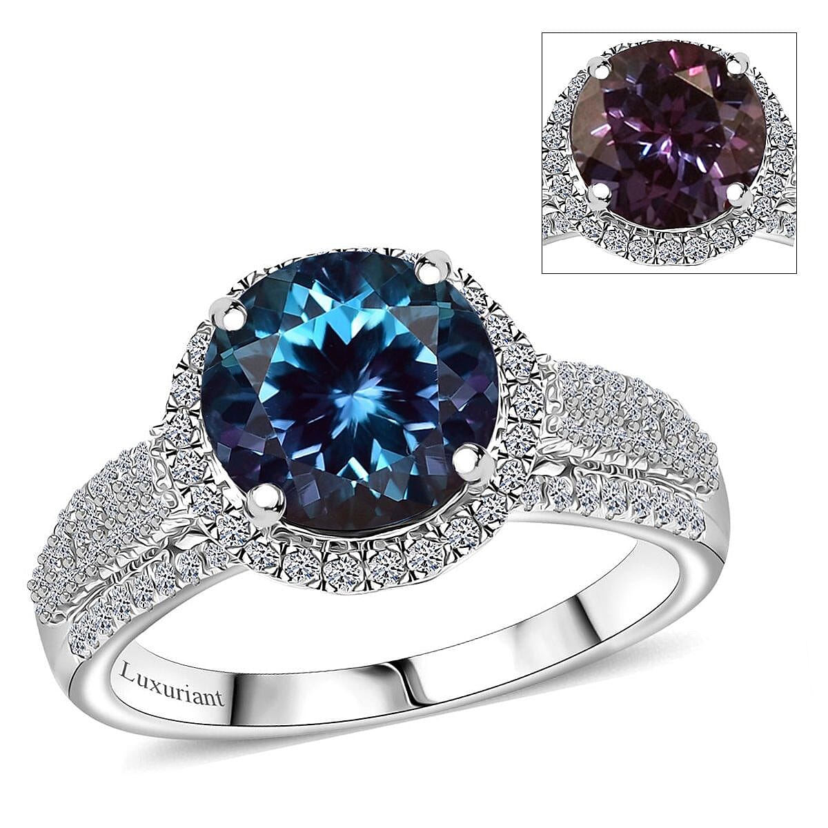 Certified & Appraised Luxuriant AAA Lab Grown Alexandrite and E-F VS Lab Grown Diamond 5.63 ctw Ring in 10K White Gold (Size 8.0) image number 0