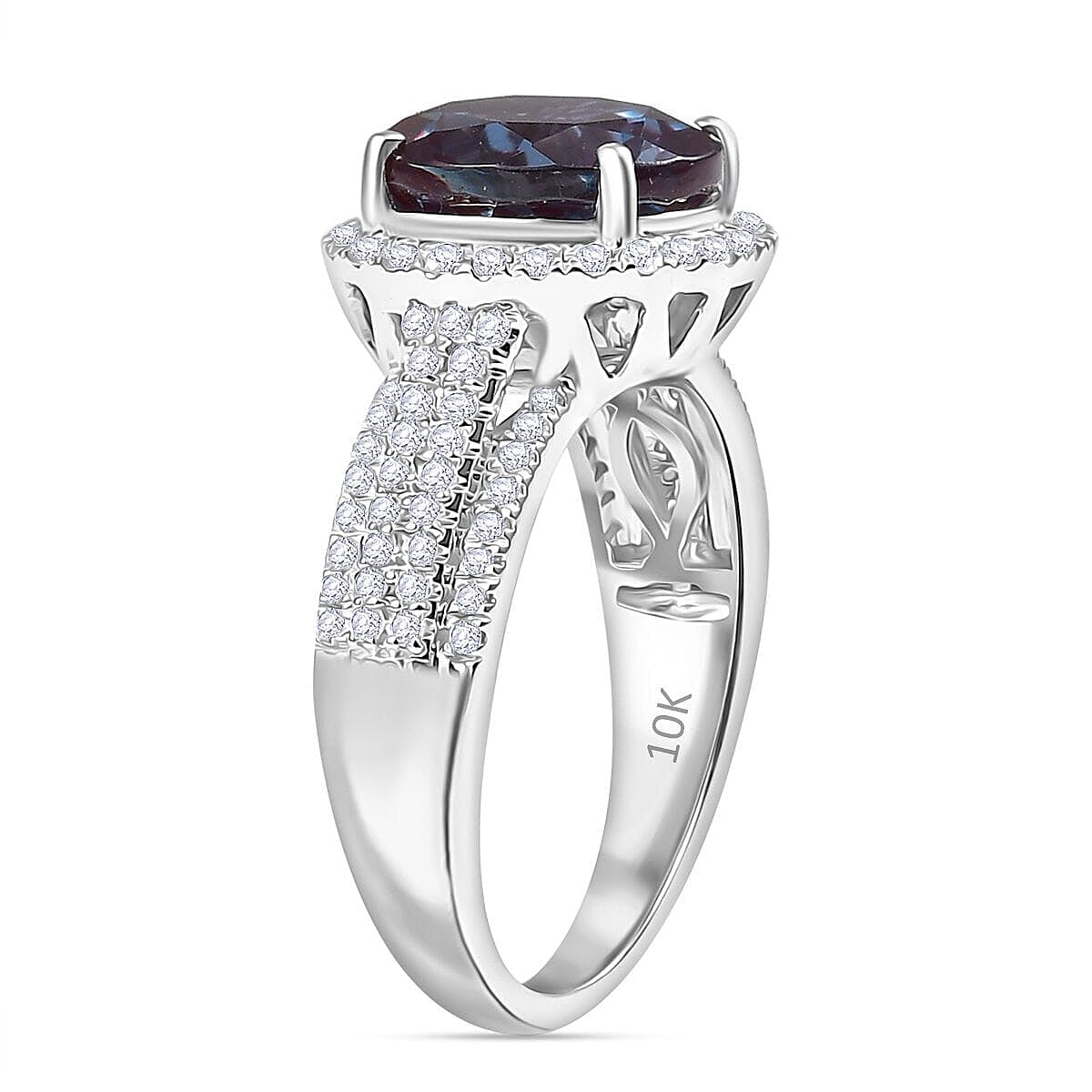 Certified & Appraised Luxuriant AAA Lab Grown Alexandrite and E-F VS Lab Grown Diamond 5.63 ctw Ring in 10K White Gold (Size 8.5) image number 3