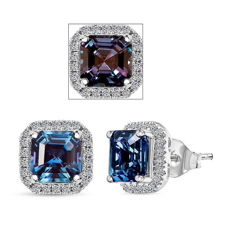 Certified & Appraised Luxuriant AAA Lab Grown Alexandrite and E-F VS Lab Grown Diamond 4.28 ctw Earrings in 10K White Gold