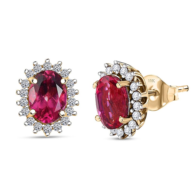 Certified & Appraised AAA Luxuriant Bixbite (LG) and E-F VS Lab Grown Diamond 2.29 ctw Sunburst Earrings in 10K Yellow Gold