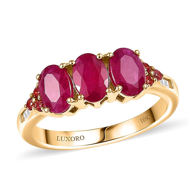 Luxoro 10K Yellow Gold AAA Montepuez Ruby, Padparadscha Sapphire and White Diamond (I2) Art Deco Halo Ring (Size 10.0) 2.90 ctw