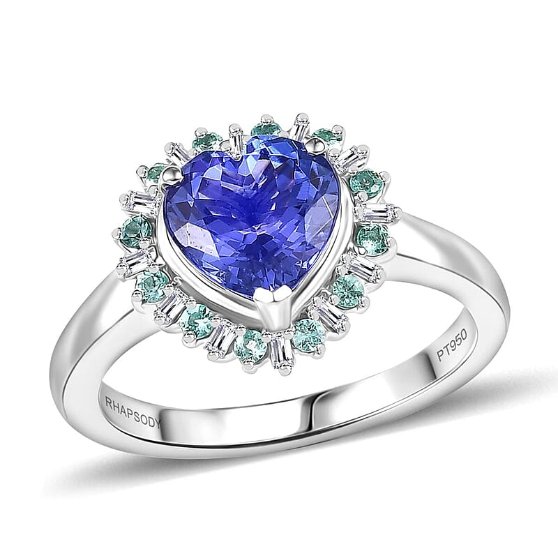 Rhapsody 950 Platinum AAAA Tanzanite, Paraiba Tourmaline and Diamond (E-F, VS2) Heart Ring (Size 5.0) 2.20 ctw