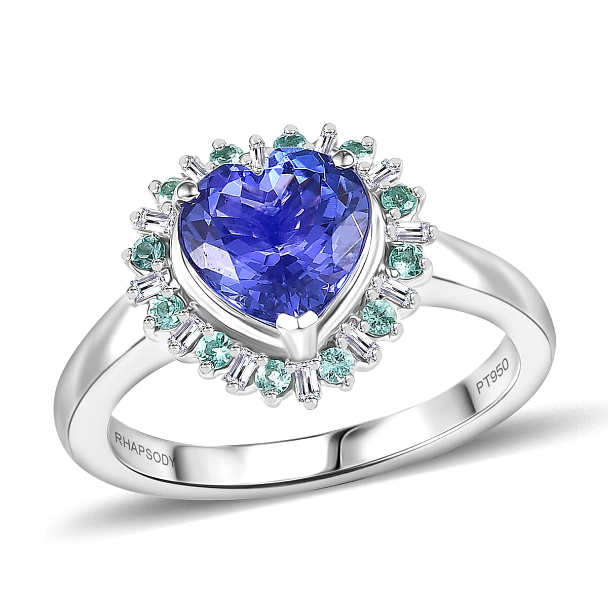 Rhapsody AAAA Tanzanite, Paraiba Tourmaline and Diamond E-F VS2 2.20 ctw Heart Ring in 950 Platinum (Size 8.0) image number 0