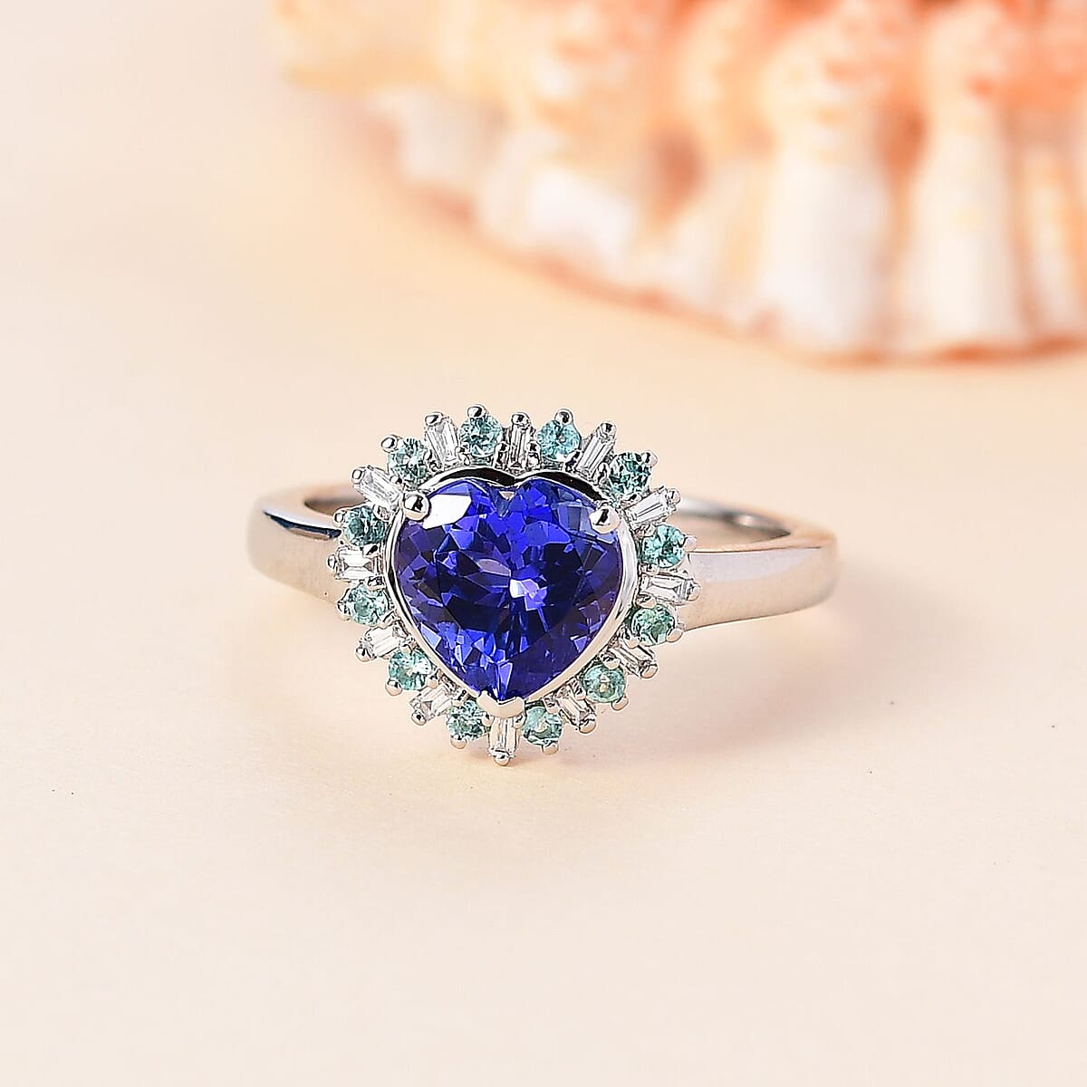 Rhapsody 950 Platinum AAAA Tanzanite, Paraiba Tourmaline and Diamond (E-F, VS2) Heart Ring (Size 6.0) 2.20 ctw image number 1