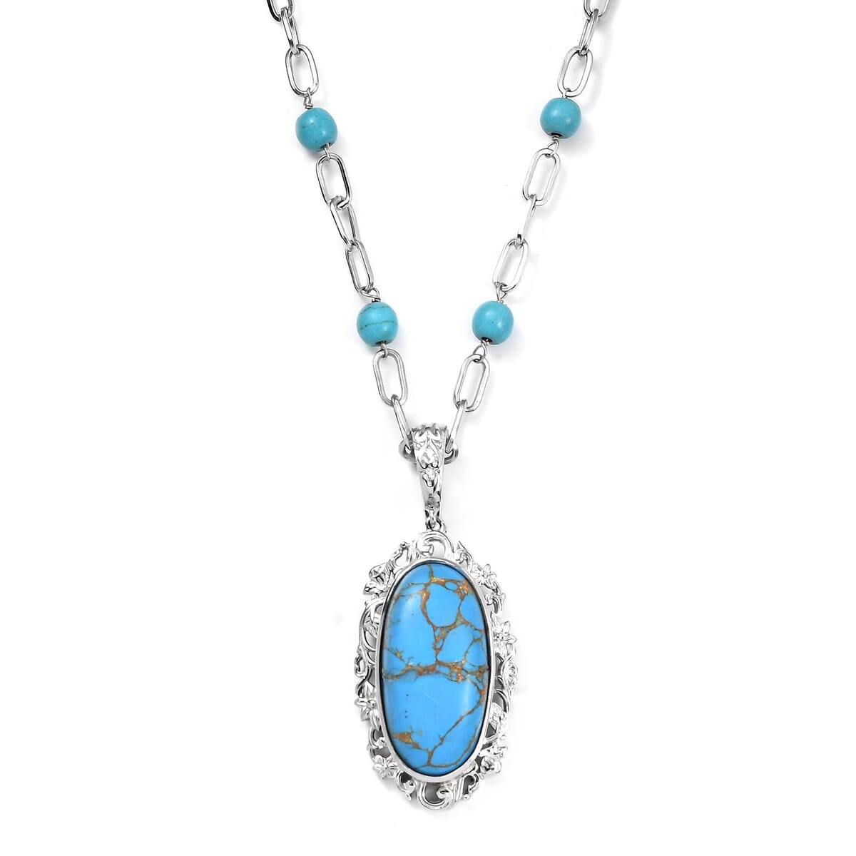 Karis Mojave Blue Turquoise Pendant com Necklace (18 Inches) in Platinum Bond 32.90 ctw image number 0