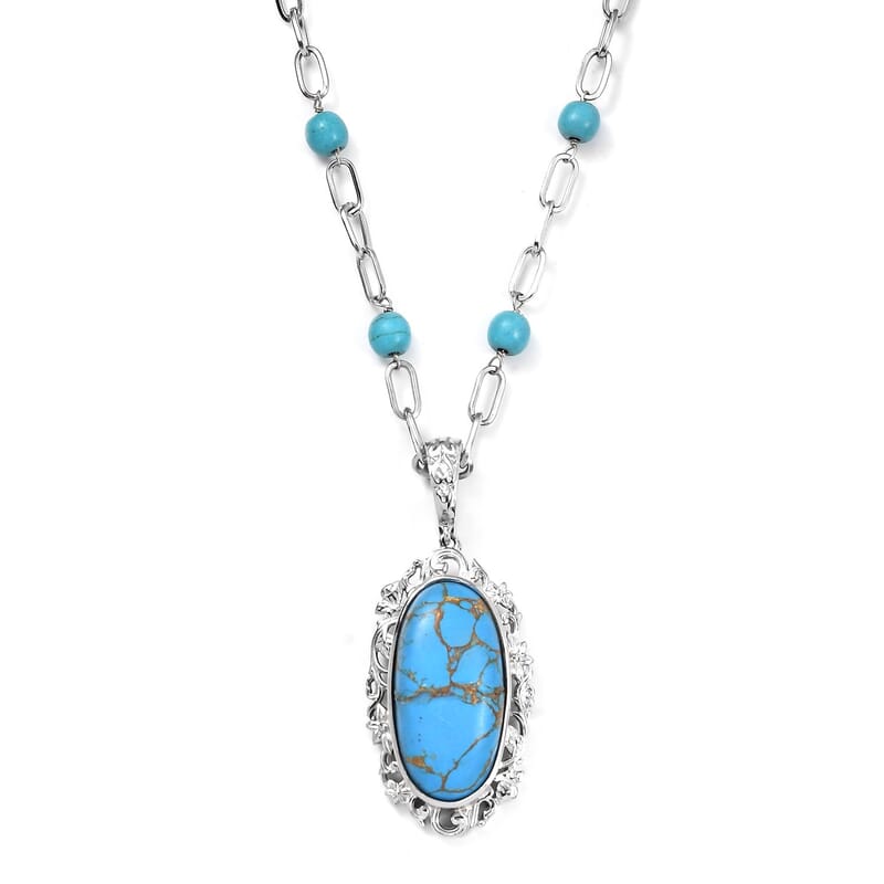 Karis Mojave Blue Turquoise Pendant com Necklace (18 Inches) in Platinum Bond 32.90 ctw