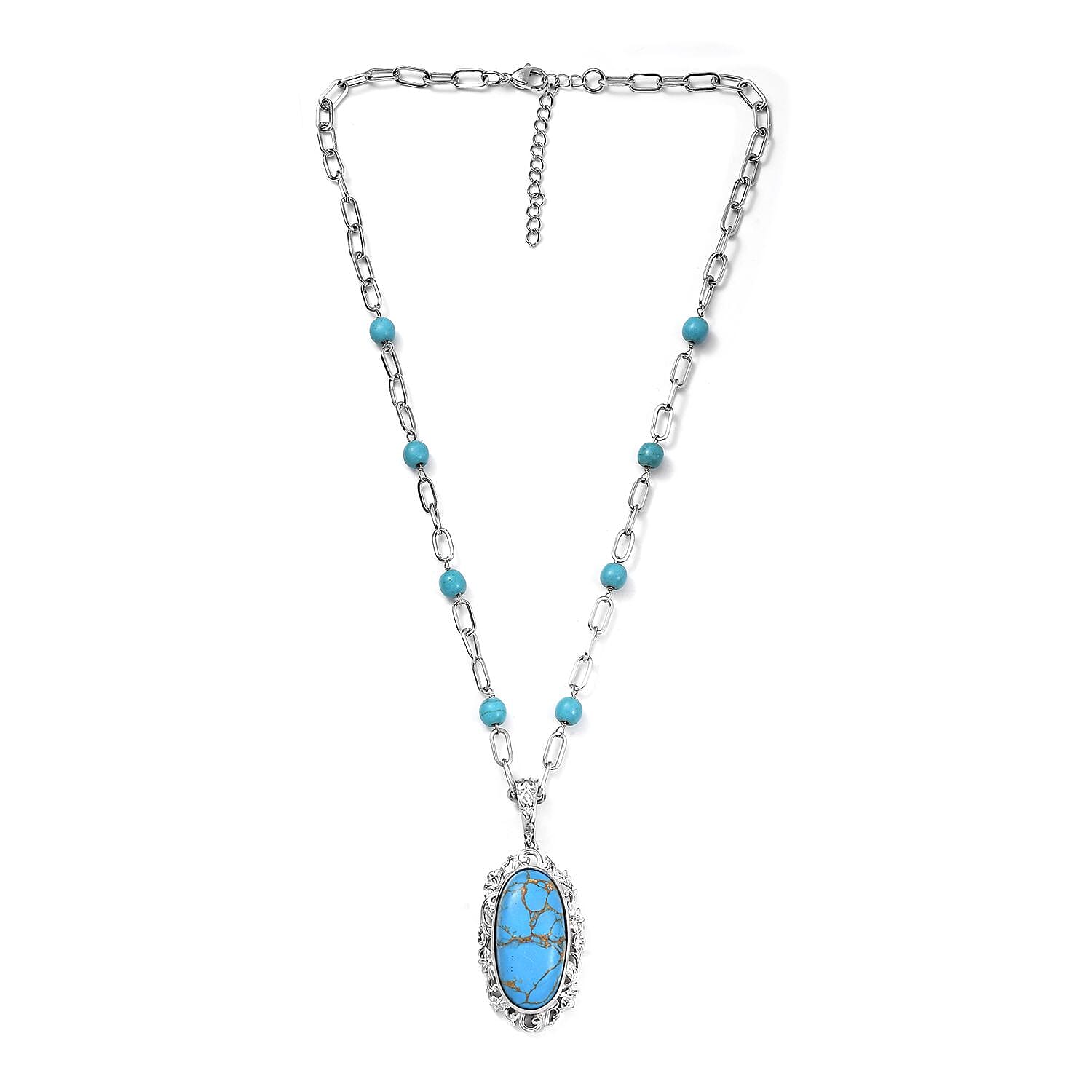 Karis Mojave Blue Turquoise Pendant com Necklace (18 Inches) in Platinum Bond 32.90 ctw