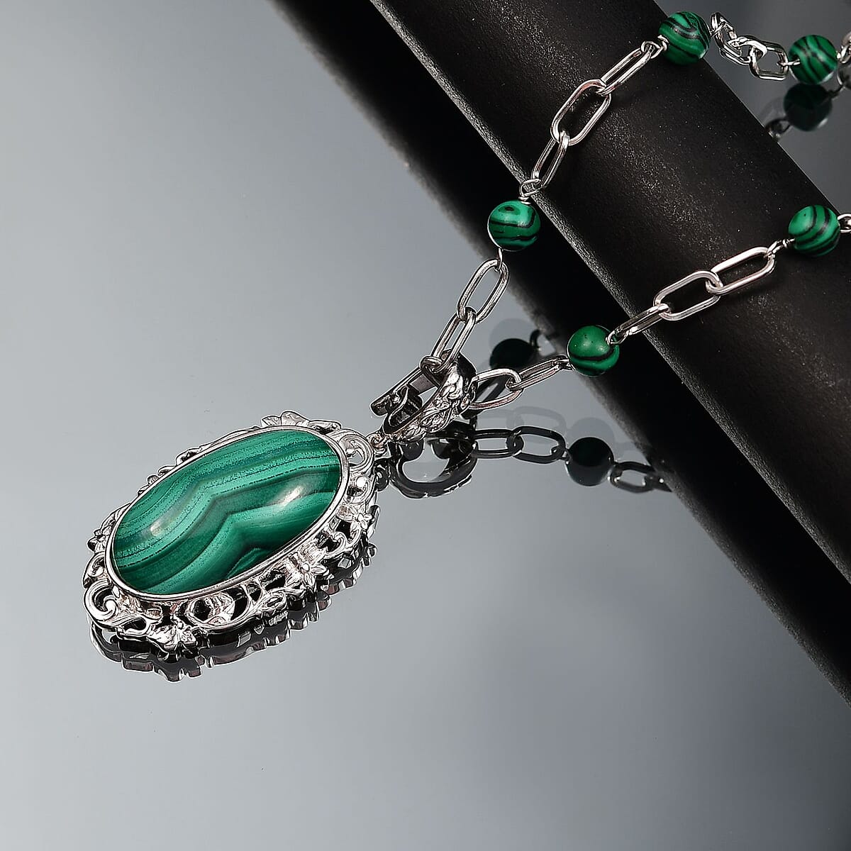 Karis African Malachite 45.75 ctw Pendant Necklace in Platinum Bond 18 Inches image number 1