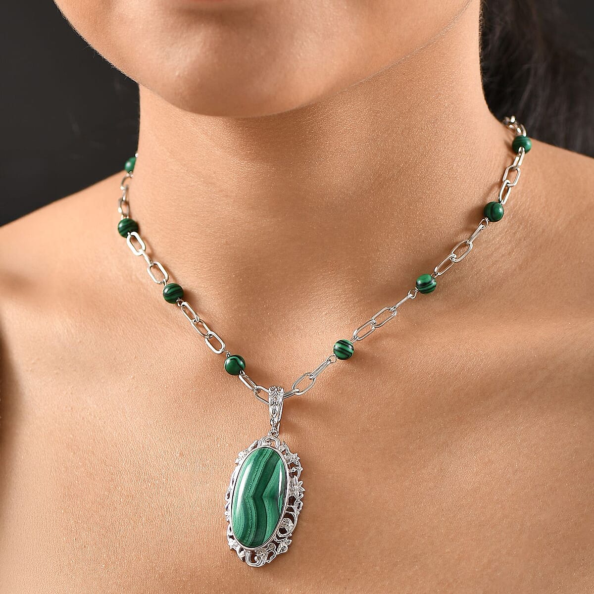 Karis African Malachite 45.75 ctw Pendant Necklace in Platinum Bond 18 Inches image number 2