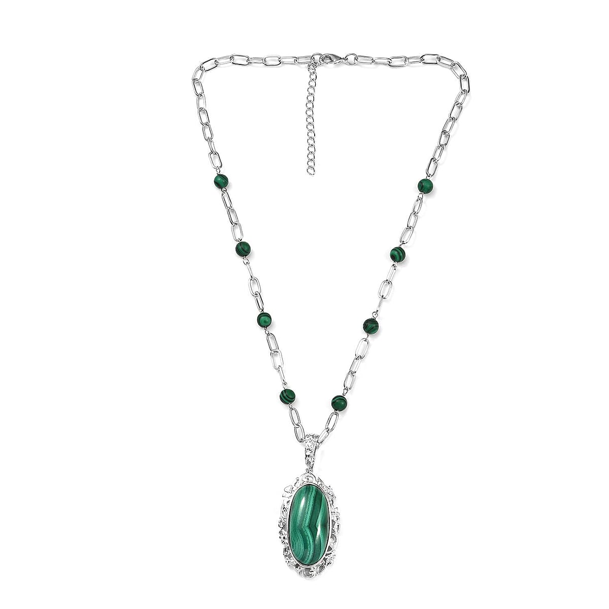 Karis African Malachite 45.75 ctw Pendant Necklace in Platinum Bond 18 Inches image number 3
