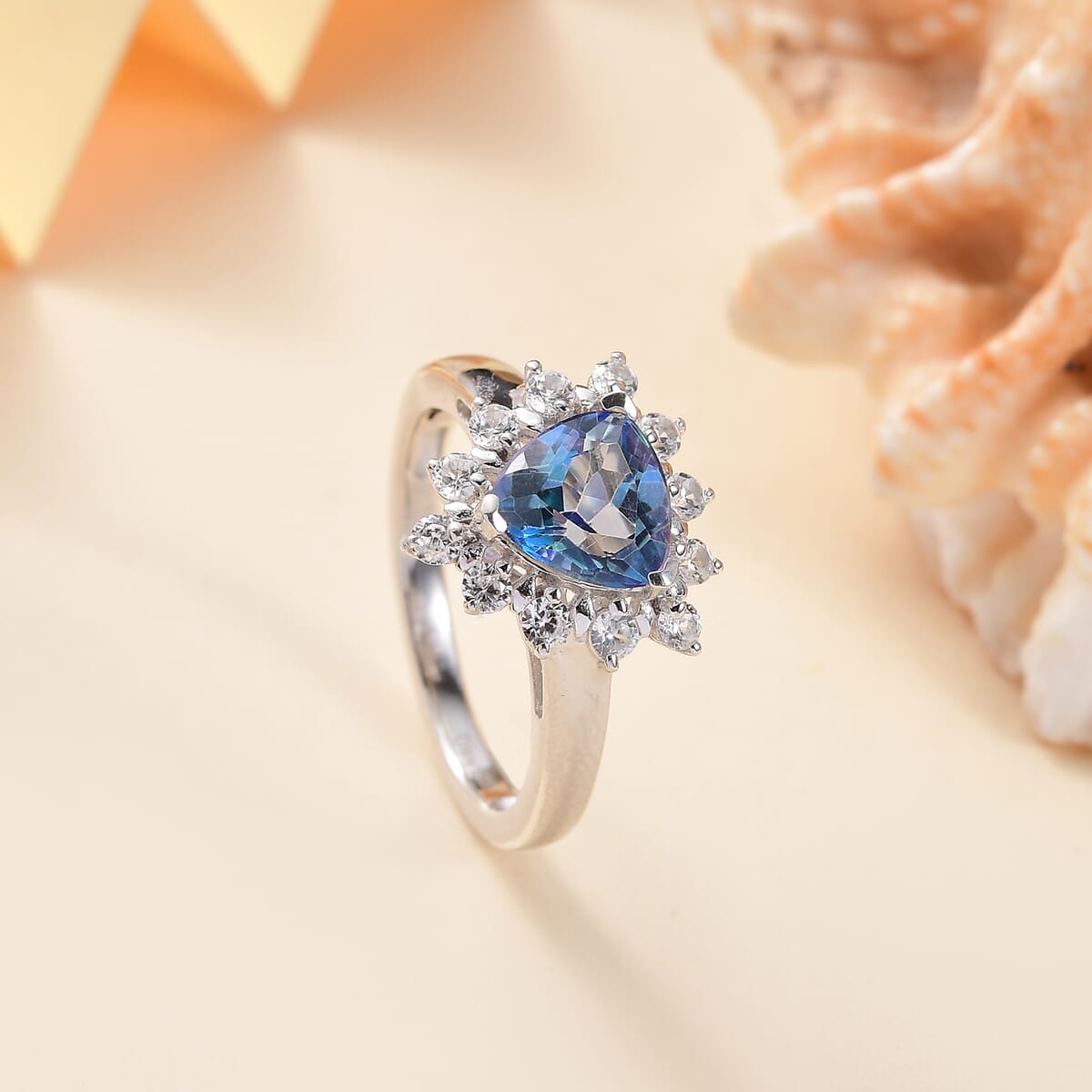 D'Joy Neptune Garden Mystic Topaz and White Zircon 2.80 ctw Starburst Ring in Rhodium Over Sterling Silver (Size 7.0) image number 1
