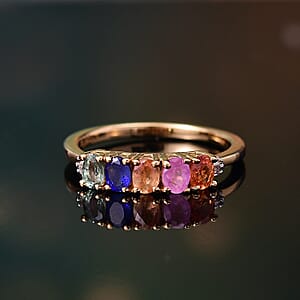 D'Joy Multi Sapphire and Diamond 1.30 ctw Ring in 18K Vermeil Yellow Gold Over Sterling Silver (Size 10.0) 