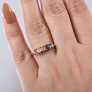 D'Joy Multi Sapphire and Diamond 1.30 ctw Ring in 18K Vermeil Yellow Gold Over Sterling Silver (Size 10.0) 
