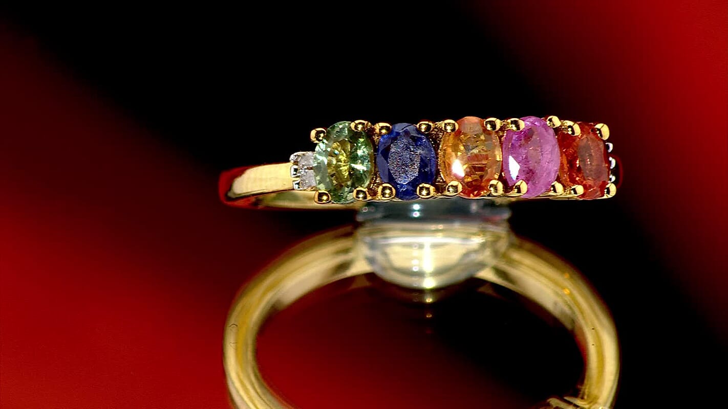 Multi Sapphire and Diamond 1.30 ctw Ring in 18K Vermeil Yellow Gold Over Sterling Silver (Size 10.0)