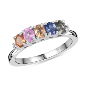 D'Joy Multi Sapphire and Diamond 1.00 ctw Ring in Rhodium Over Sterling Silver (Size  10.0)