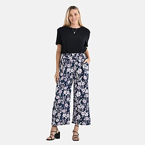 TAMSY Purple Floral High Waist Wide Leg Belted Pants with Pockets - One Size Fits Most