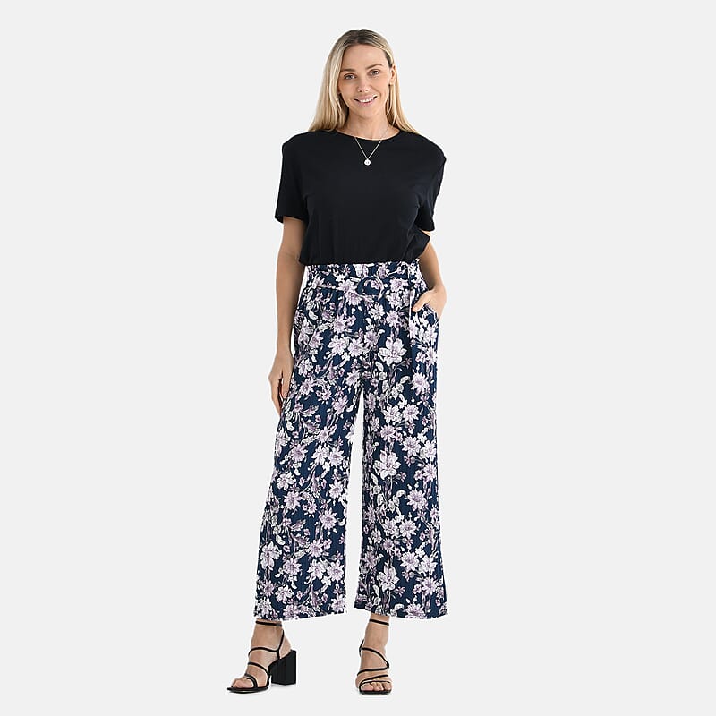 TAMSY Purple Floral High Waist Wide Leg Belted Pant with Pockets - One Size Fits Most