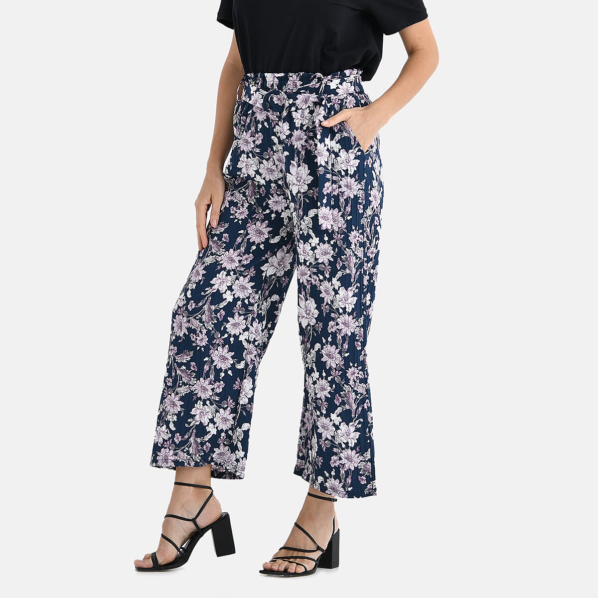 TAMSY Purple Floral High Waist Wide Leg Belted Pants with Pockets - One Size Fits Most image number 2
