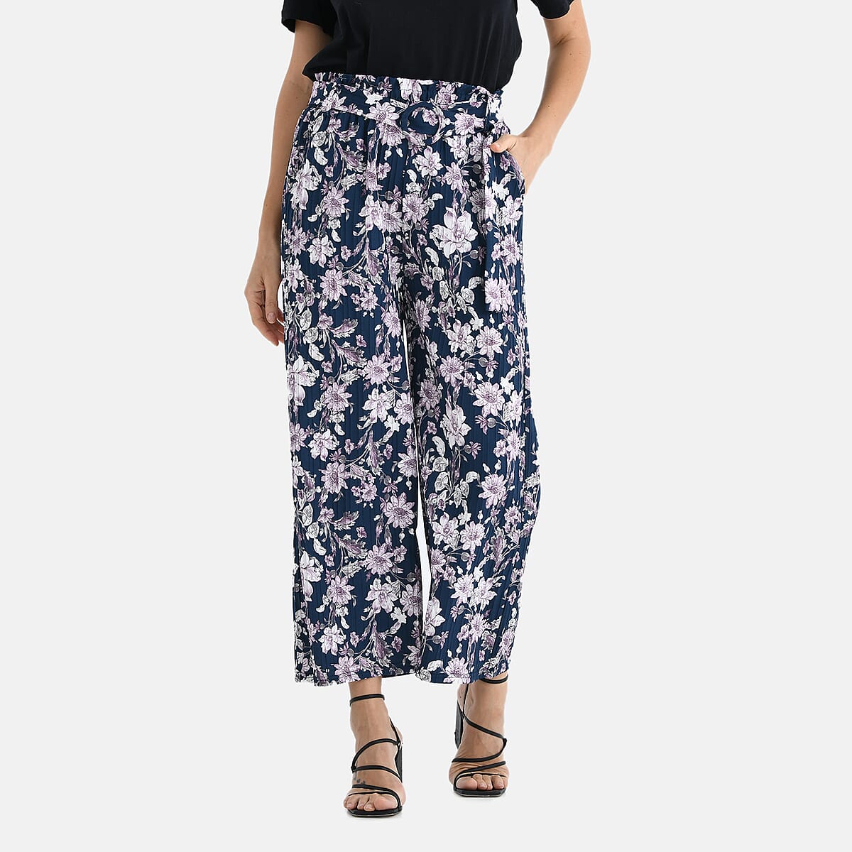 TAMSY Purple Floral High Waist Wide Leg Belted Pants with Pockets - One Size Fits Most image number 3