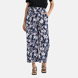 TAMSY Purple Floral High Waist Wide Leg Belted Pant with Pockets - One Size Fits Most