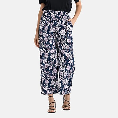 TAMSY Purple Floral High Waist Wide Leg Belted Pant with Pockets - One Size Fits Most