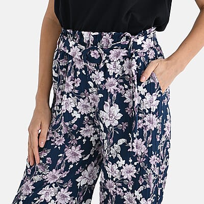 TAMSY Purple Floral High Waist Wide Leg Belted Pant with Pockets - One Size Fits Most
