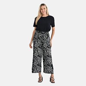 TAMSY Black Leaf High Waist Wide Leg Belted Pants with Pockets - One Size Fits Most