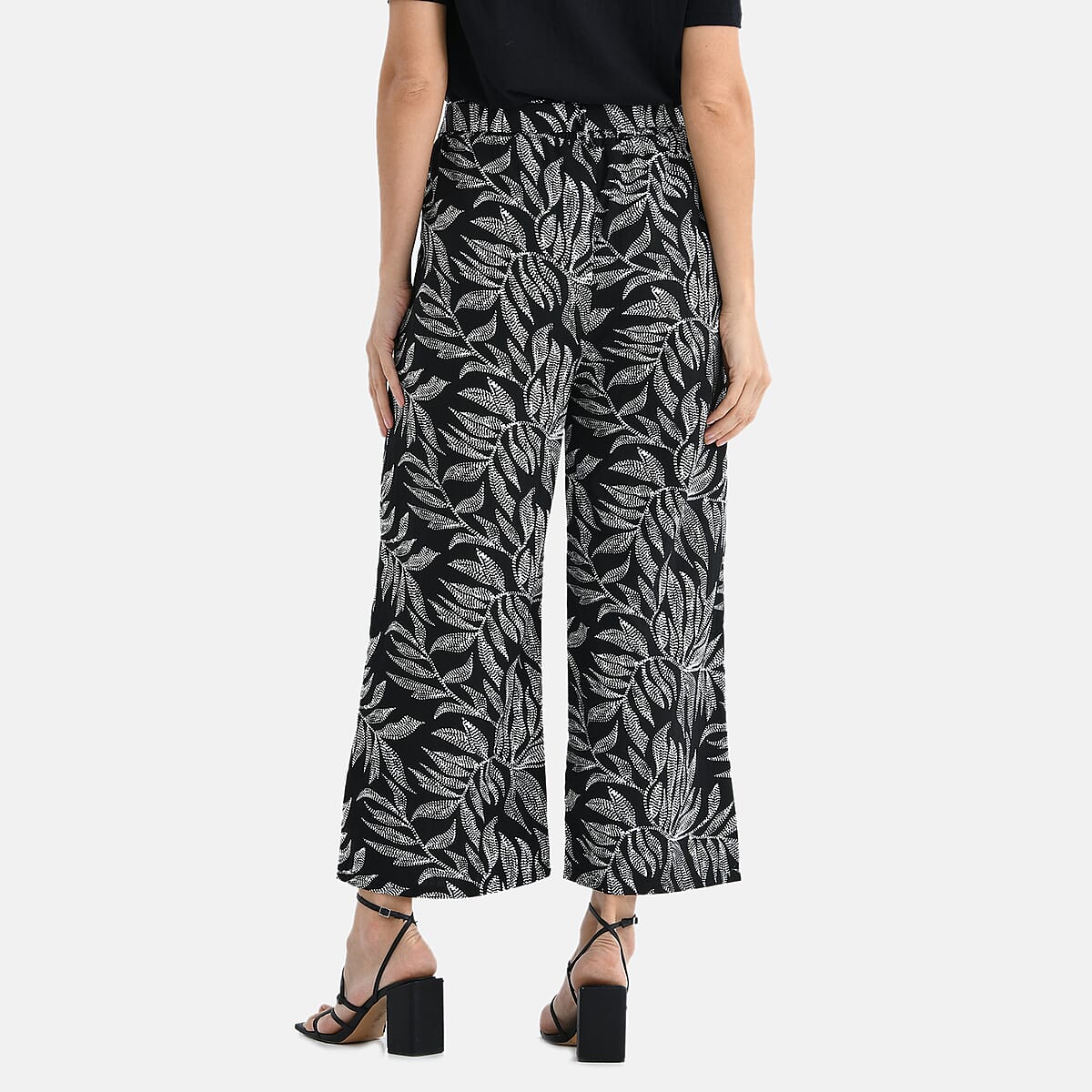 TAMSY Black Leaf High Waist Wide Leg Belted Pants with Pockets - One Size Fits Most image number 1
