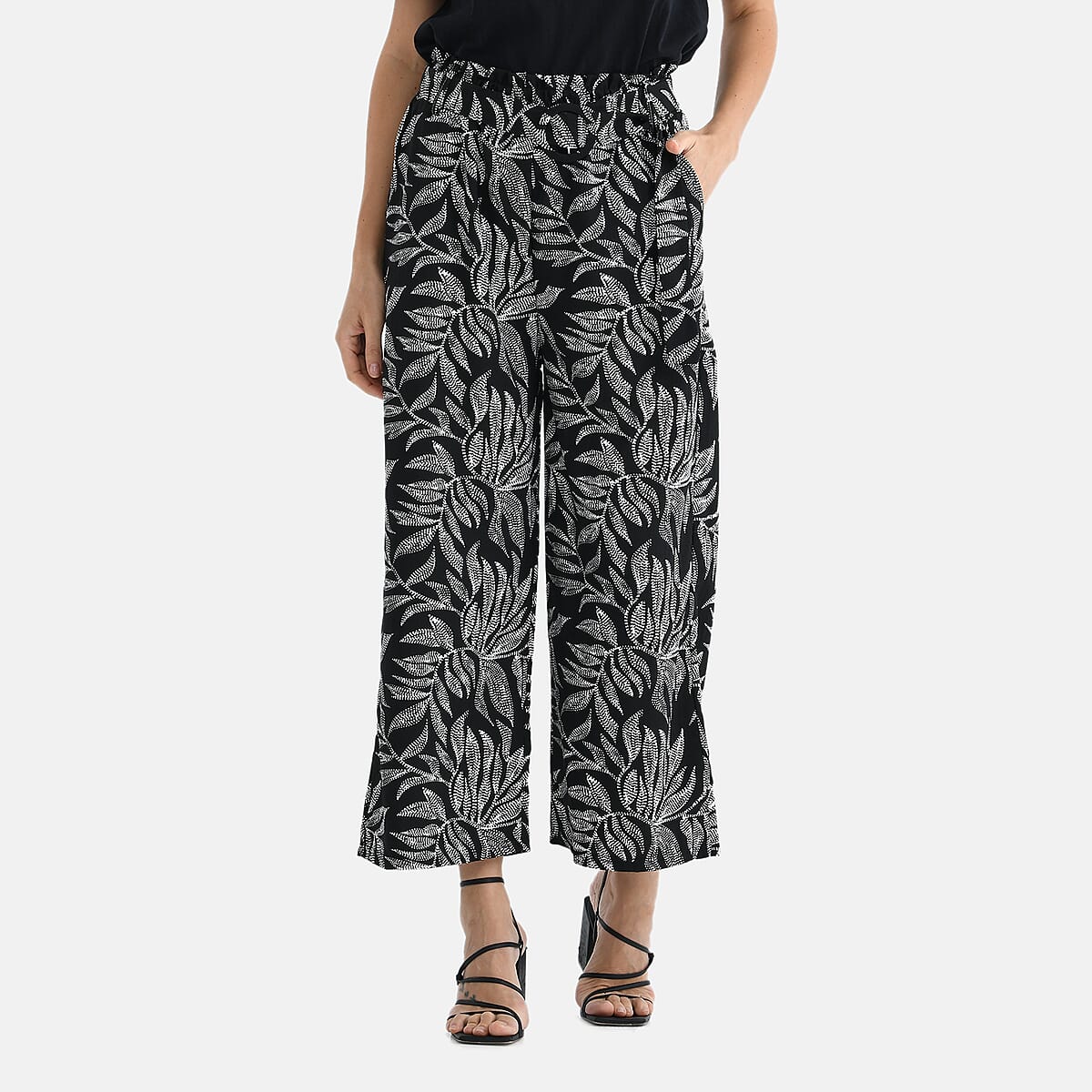 TAMSY Black Leaf High Waist Wide Leg Belted Pants with Pockets - One Size Fits Most image number 3