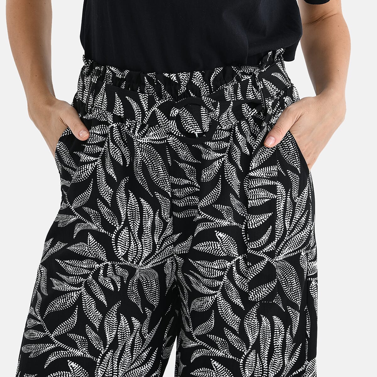 TAMSY Black Leaf High Waist Wide Leg Belted Pants with Pockets - One Size Fits Most image number 4