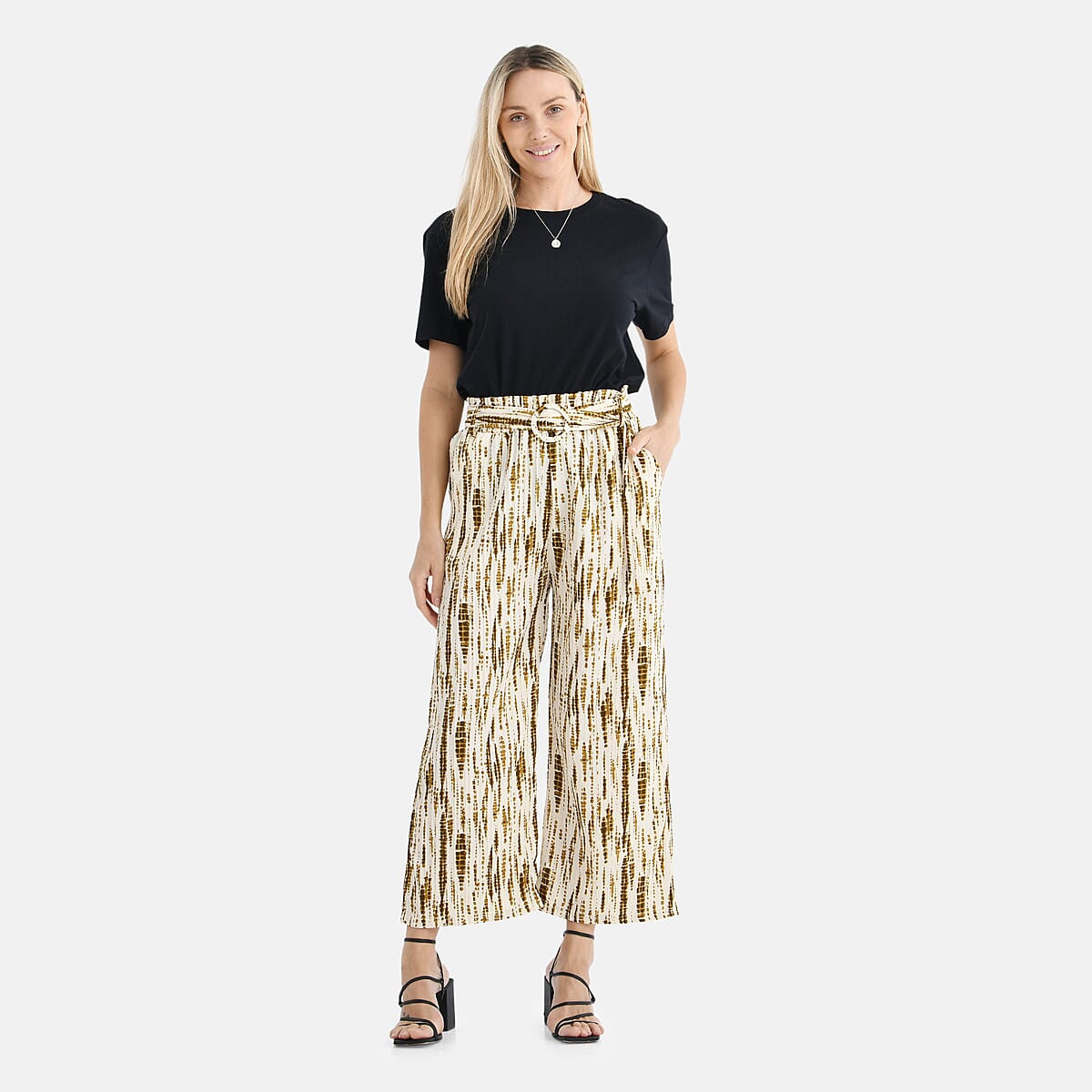 TAMSY Olive Tie Dye High Waist Wide Leg Belted Pants with Pockets - One Size Fits Most image number 0