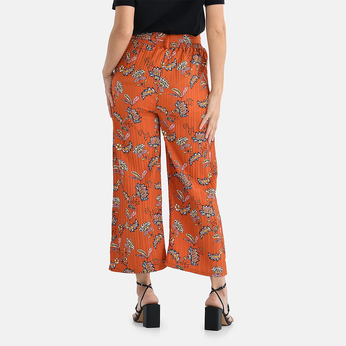 TAMSY Orange Floral High Waist Wide Leg Belted Pant with Pockets - One Size Fits Most image number 1
