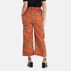 TAMSY Orange Floral High Waist Wide Leg Belted Pant with Pockets - One Size Fits Most
