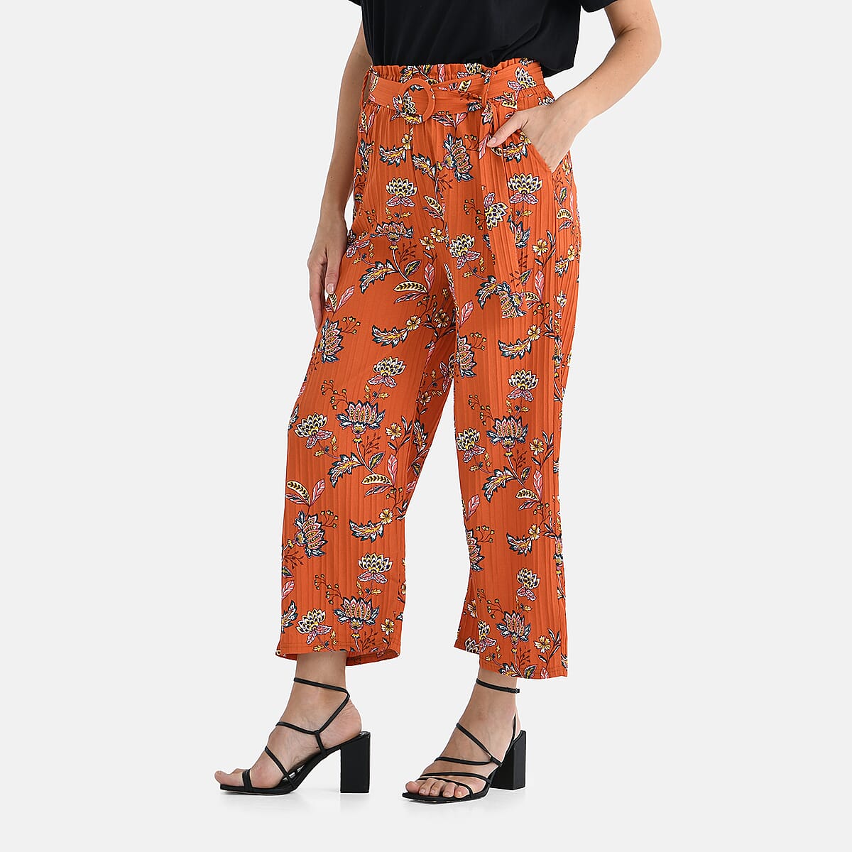 TAMSY Orange Floral High Waist Wide Leg Belted Pant with Pockets - One Size Fits Most image number 2