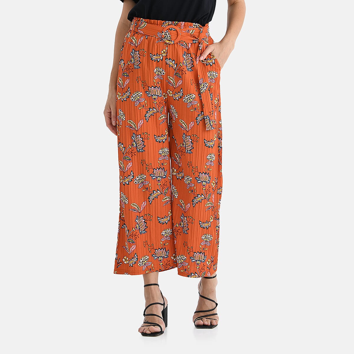 TAMSY Orange Floral High Waist Wide Leg Belted Pant with Pockets - One Size Fits Most image number 3