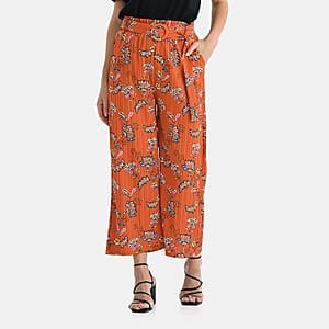 TAMSY Orange Floral High Waist Wide Leg Belted Pant with Pockets - One Size Fits Most