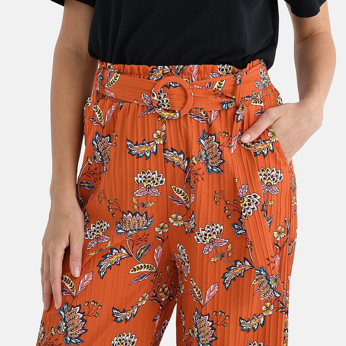 TAMSY Orange Floral High Waist Wide Leg Belted Pant with Pockets - One Size Fits Most image number 4