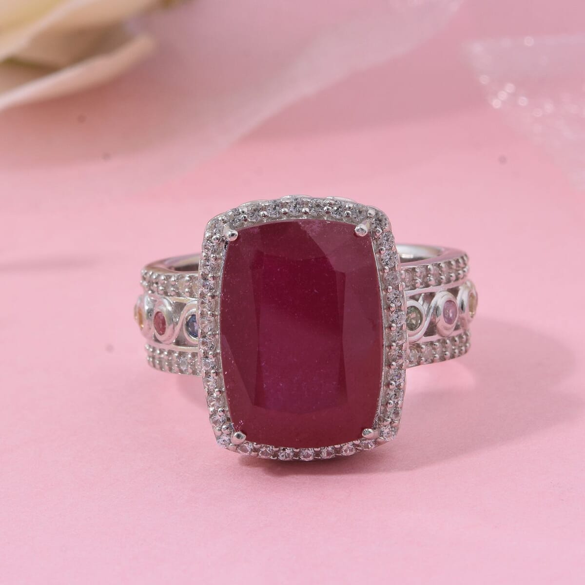 Niassa Ruby (FF) and Multi Gemstone 12.25 ctw Ring in Rhodium Over Sterling Silver (Size 7.0) image number 1