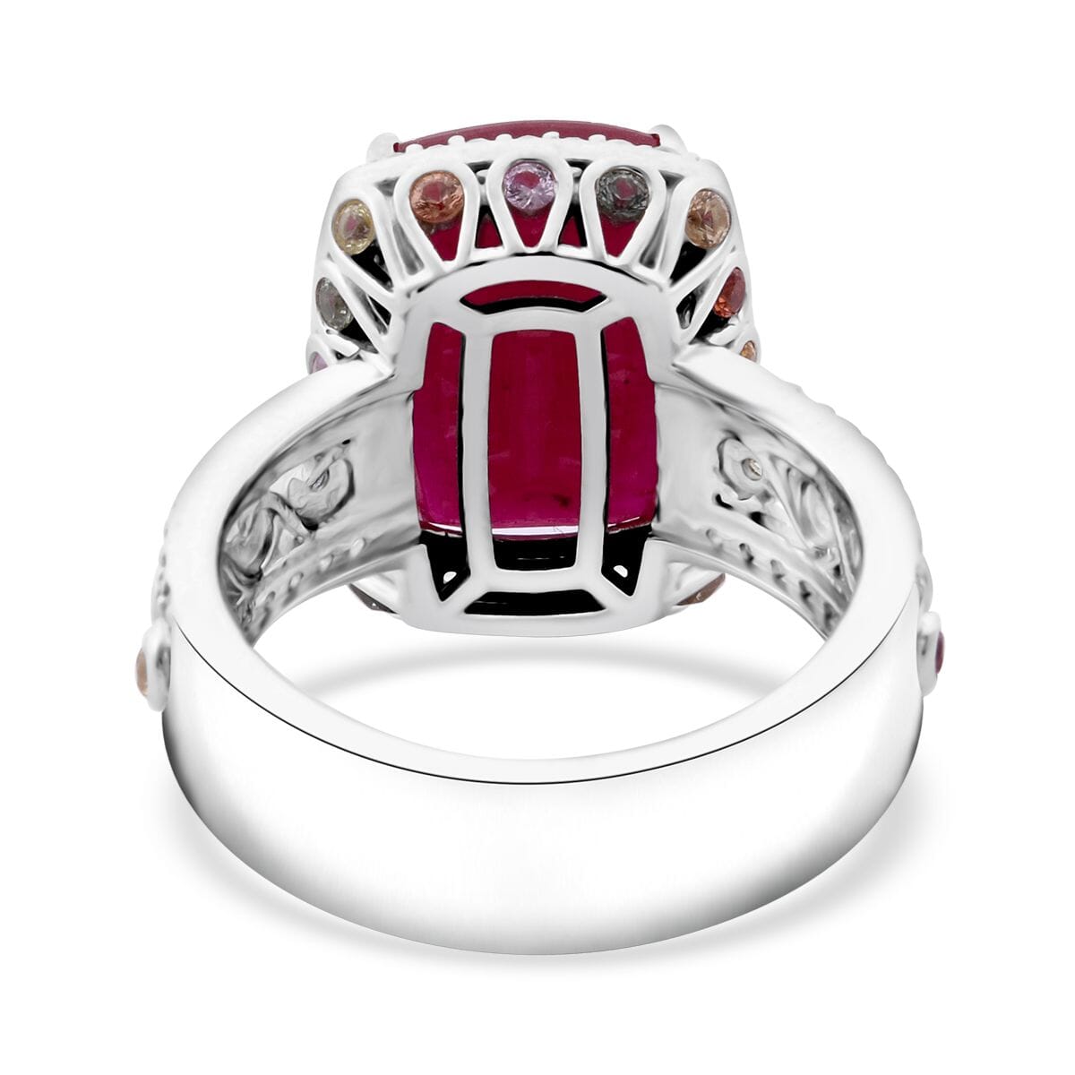 Niassa Ruby (FF) and Multi Gemstone 12.25 ctw Ring in Rhodium Over Sterling Silver (Size 7.0) image number 4